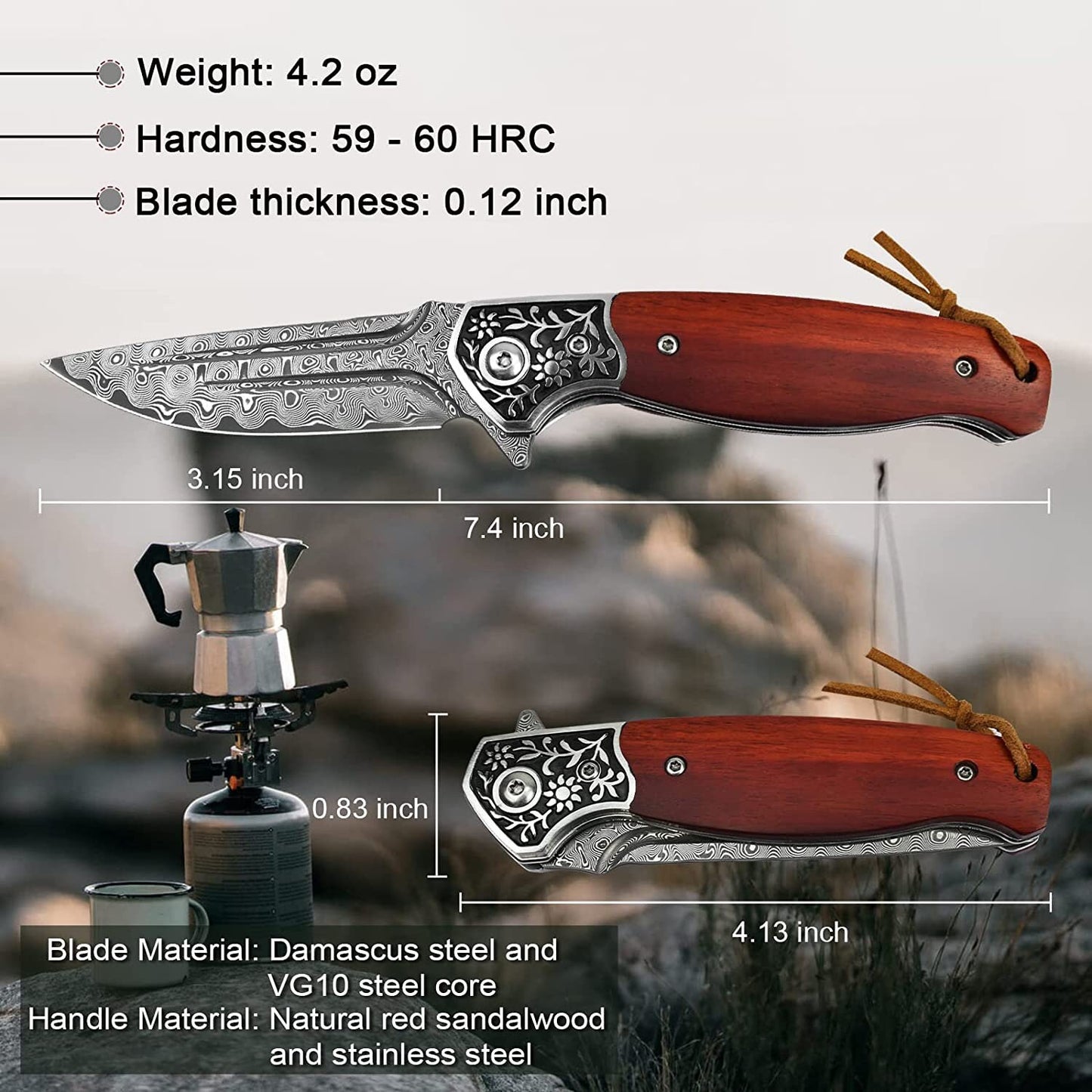 Engraved Damascus Pocket Knife, VG10 Personalized Folding Knife, Rose Wood Handle, Engraving Knives Wedding Groomsmen Dad Gift | VP112