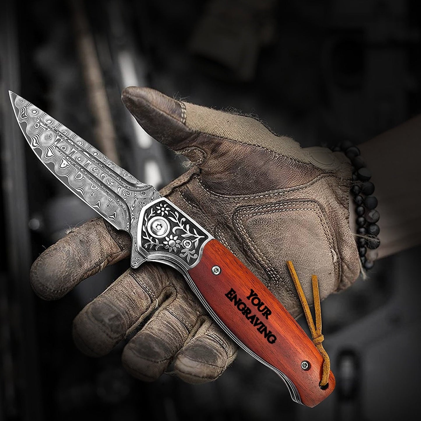 Engraved Damascus Pocket Knife, VG10 Personalized Folding Knife, Rose Wood Handle, Engraving Knives Wedding Groomsmen Dad Gift | VP112