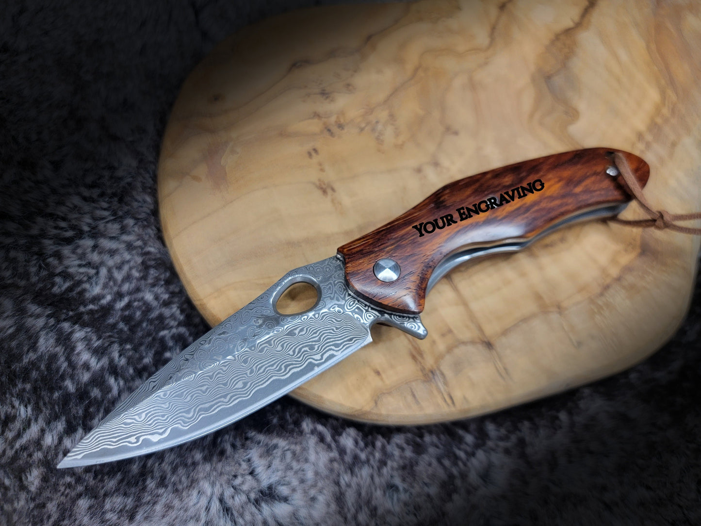Personalized Damascus Pocket Knife Gift For Him Engraved Folding Rose Wood Handle Engraving Husband Anniversary Gifts VG10 | VP114