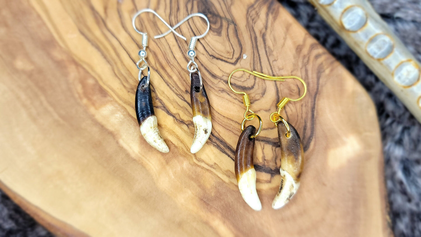 Antiqued Coyote Tooth Earrings - Handmade Boho Chic Jewelry, Artisan Crafted Rustic Viking, Native Style Earpieces, Unique Accessories AQCE