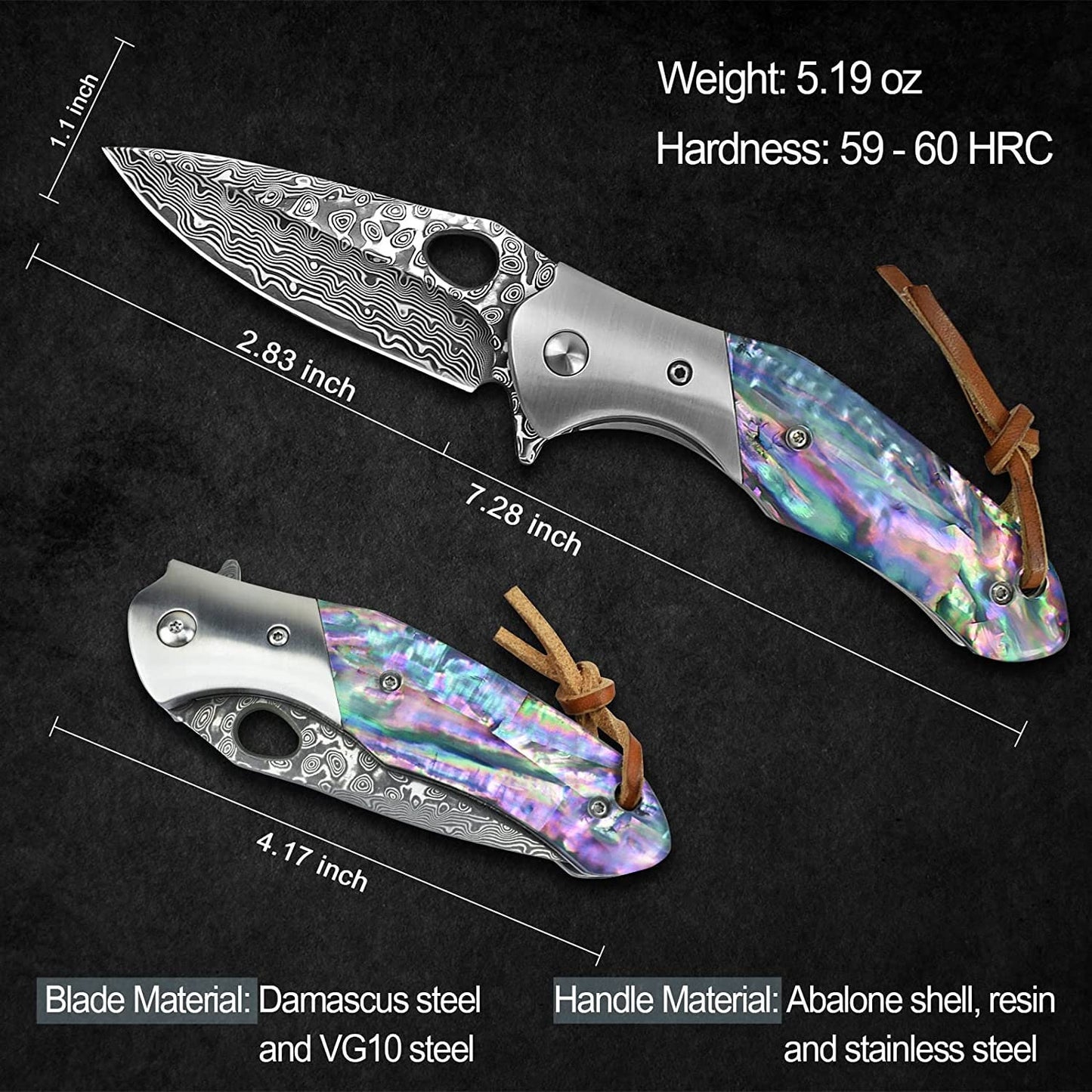 Abalone Handle 7.28" Damascus Folding Knife