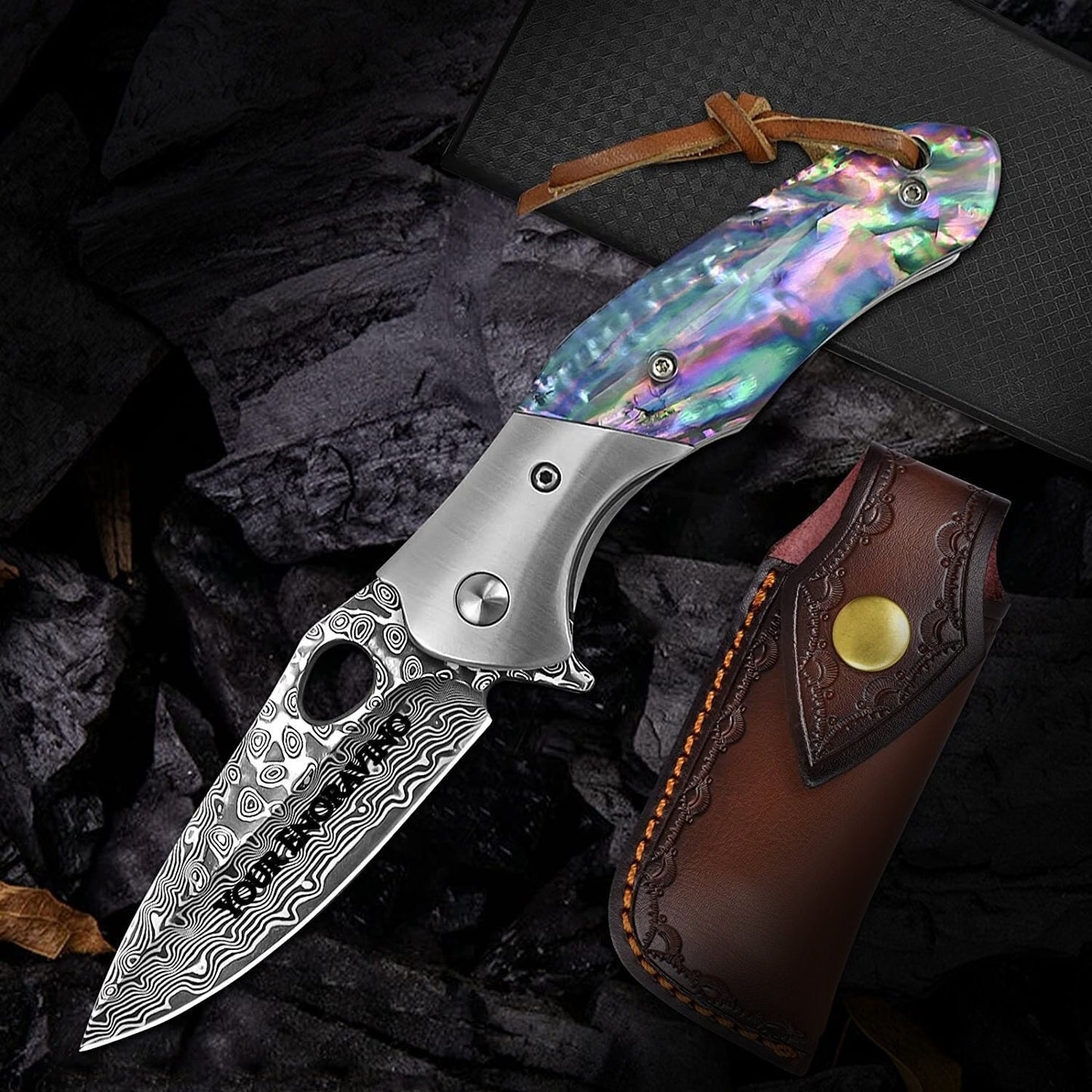 Abalone Handle 7.28" Damascus Folding Knife
