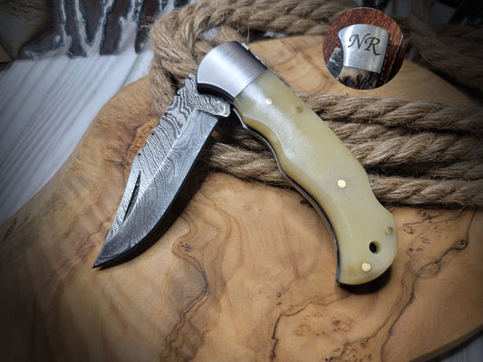 Damascus Pocket Knife Bone Handle Folding Knife Groomsmen Gift Anniversary Wedding Birthday Gift Handmade Personalized Gift for Him