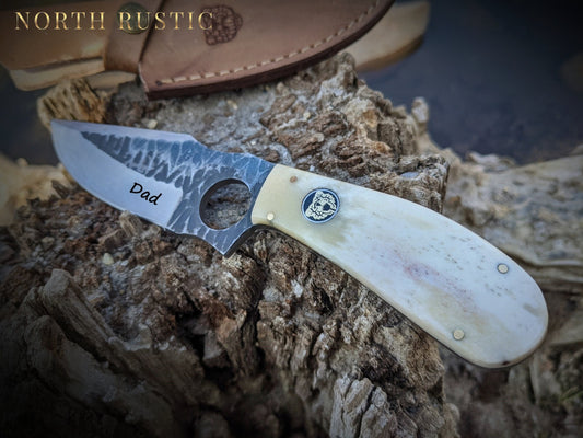 Buffalo Bone Hunting Knife | Custom Engraved Knife | Hammered Knife | Groomsman Gift | Outdoors Camping Knife | Father's Day Gift | NR05-1