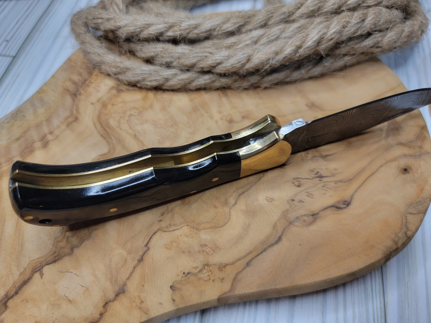 Damascus 6.5" Blade Folding Knife Bull Horn Handle