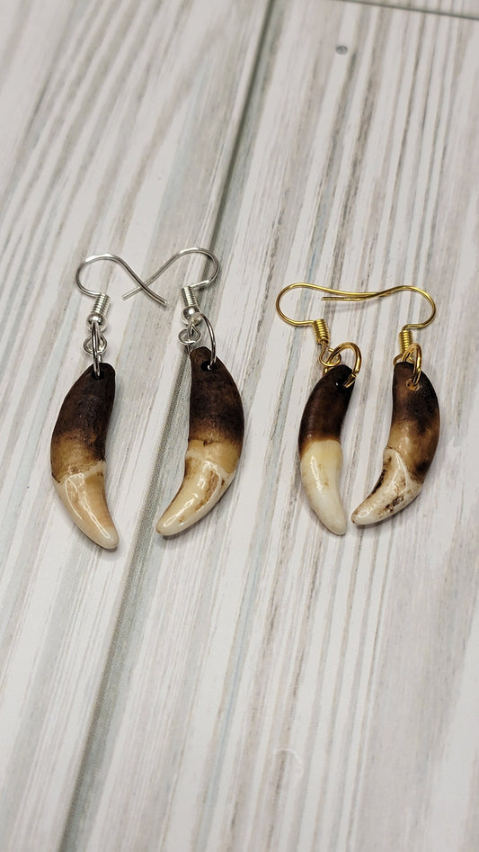 Antiqued Coyote Tooth Earrings - Handmade Boho Chic Jewelry, Artisan Crafted Rustic Viking, Native Style Earpieces, Unique Accessories AQCE