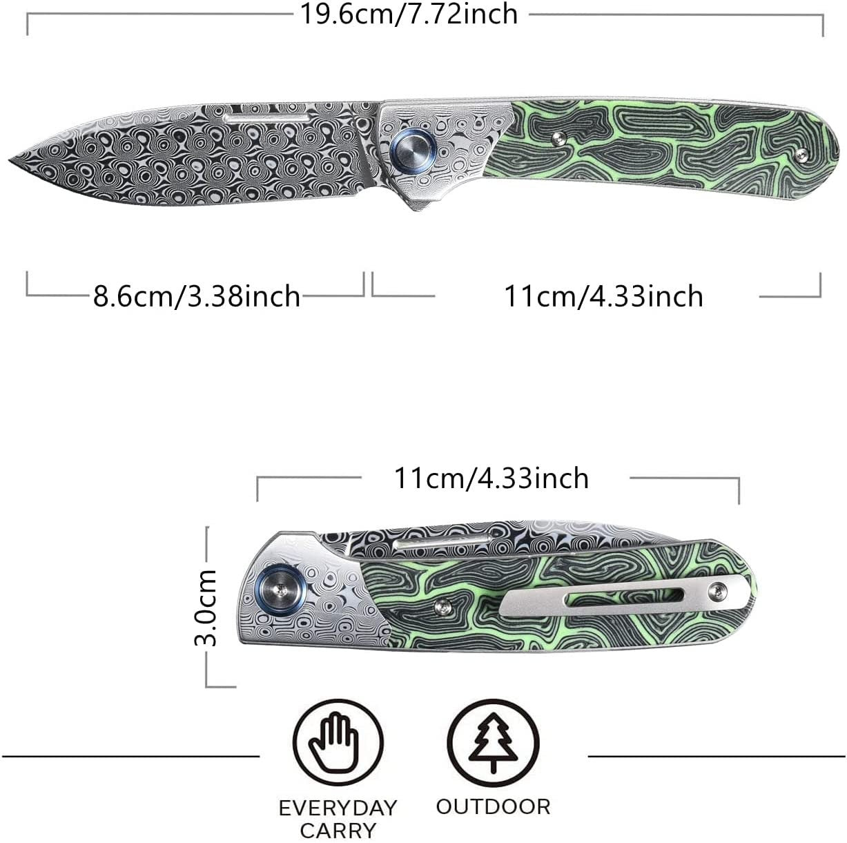 Engraved VG10 Damascus Pocket Knife Personalized Folding Green G10 Handle Knife Wedding Groomsmen Father Husband Boyfriend Gift VP41