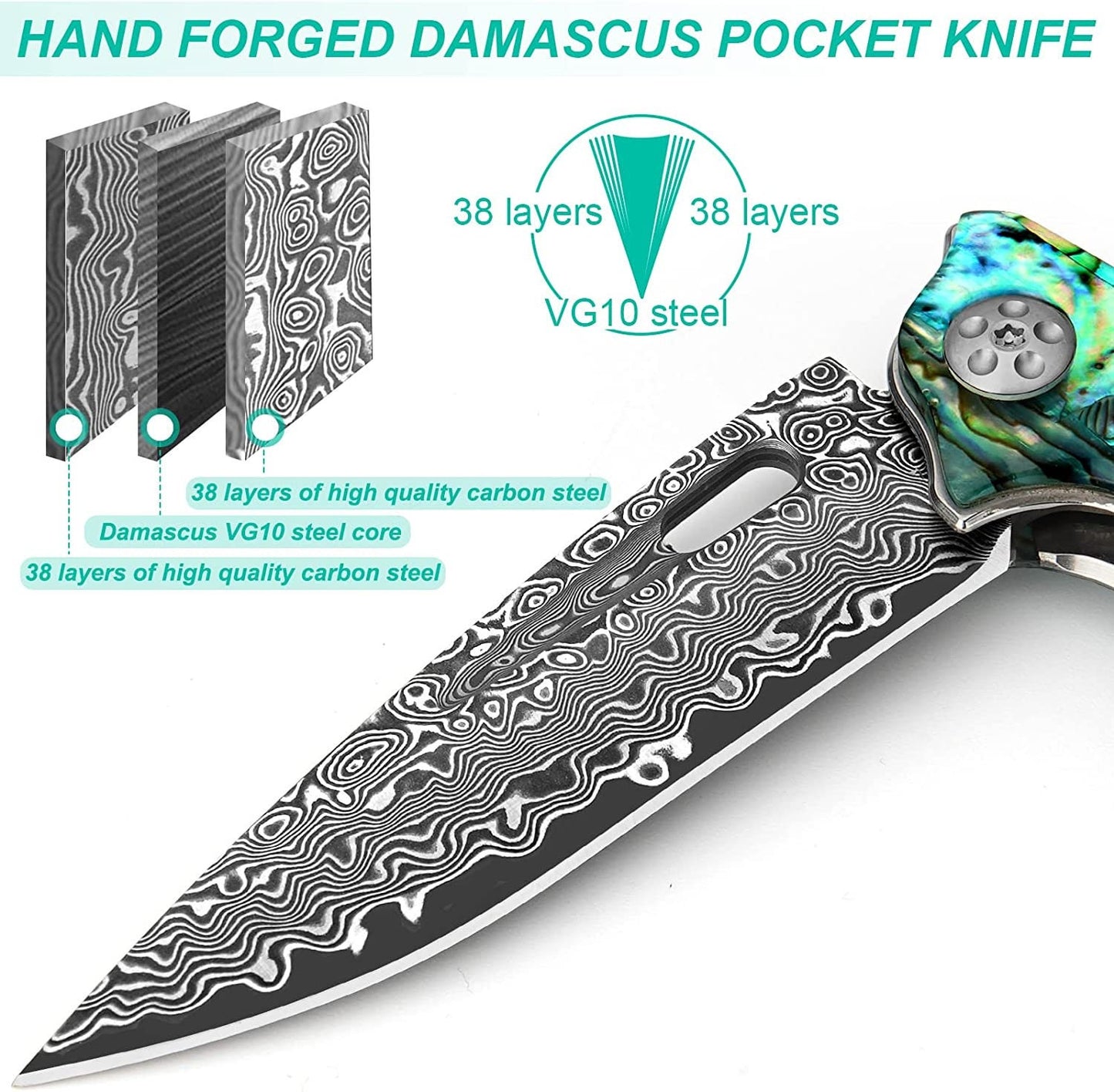 Abalone Damascus Pocket Knife, Personalized Engraved Blade, Engraving Sea Shell Folding Knife, Wedding Anniversary Groomsmen Gift VP100