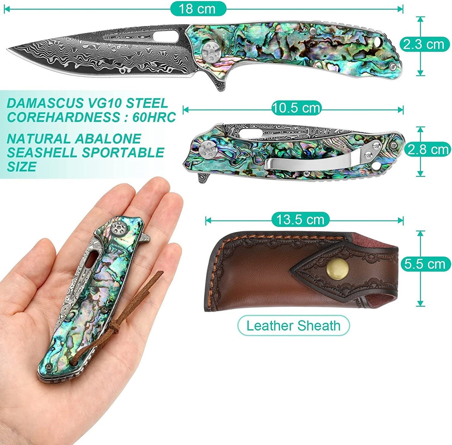 Abalone Damascus Pocket Knife, Personalized Engraved Blade, Engraving Sea Shell Folding Knife, Wedding Anniversary Groomsmen Gift VP100
