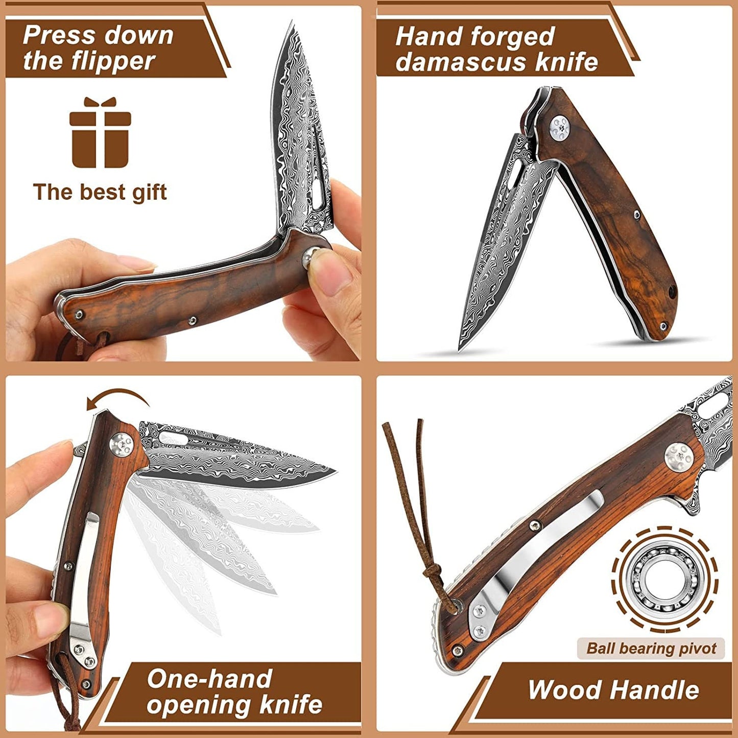 Rosewood Handle Damascus 7.08" Pocket Knife