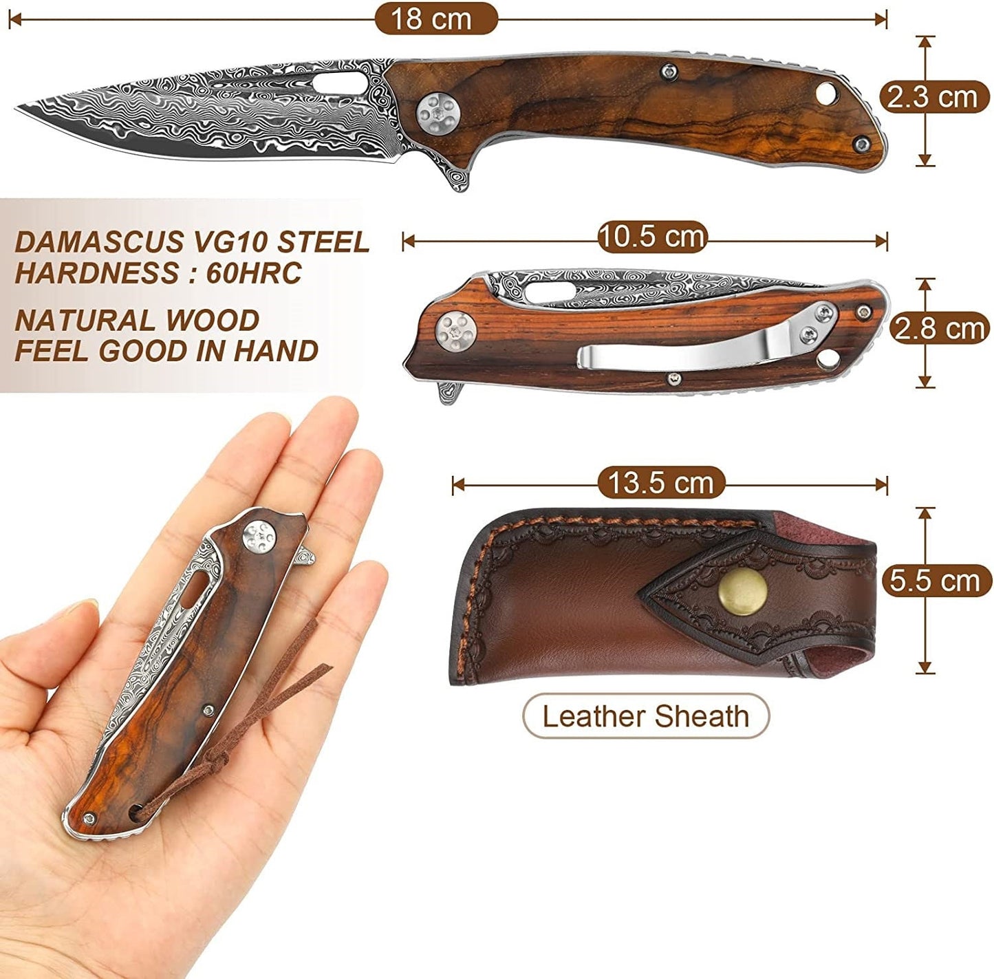 Rosewood Handle Damascus 7.08" Pocket Knife