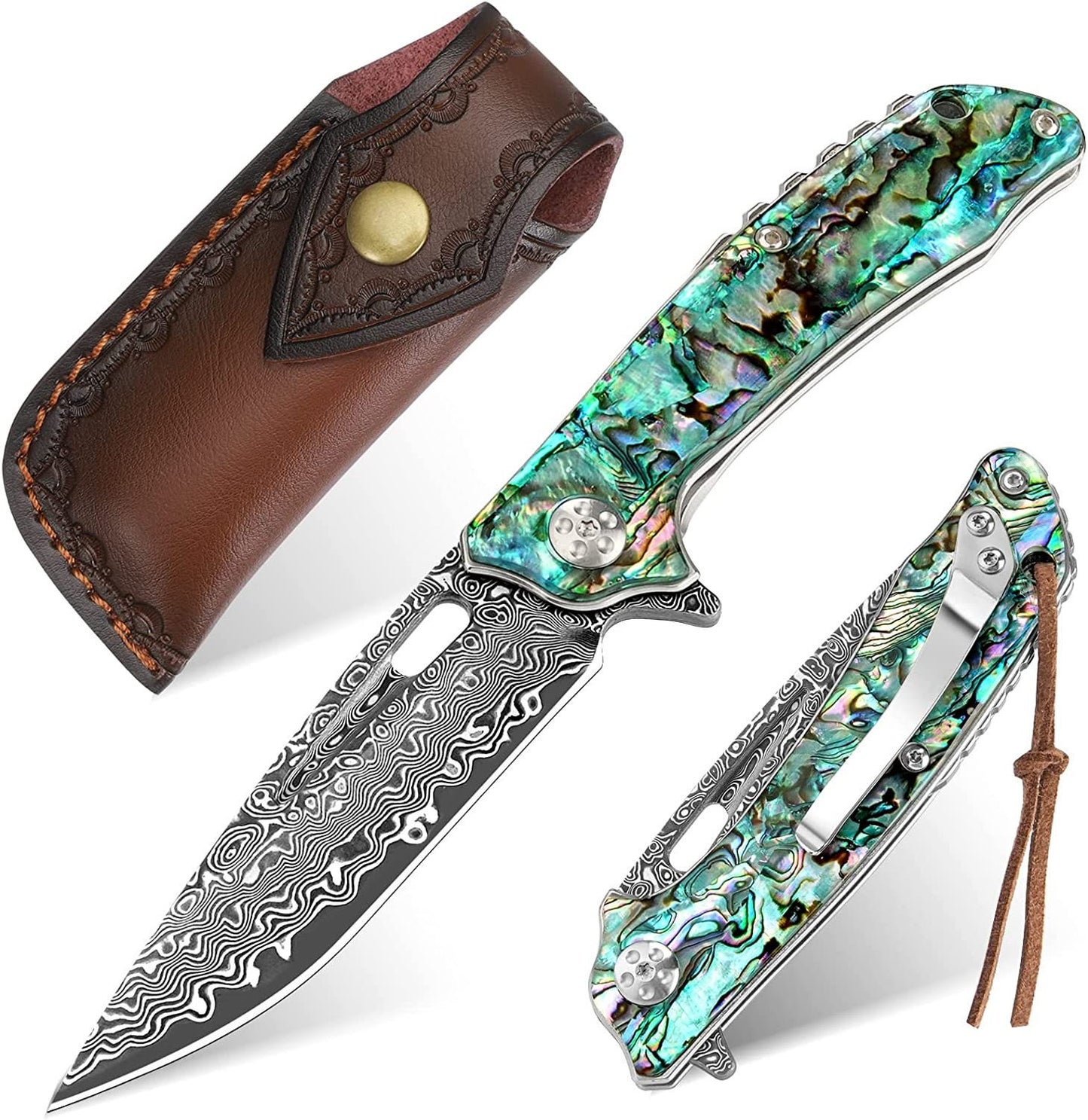 Abalone Damascus Pocket Knife, Personalized Engraved Blade, Engraving Sea Shell Folding Knife, Wedding Anniversary Groomsmen Gift VP100