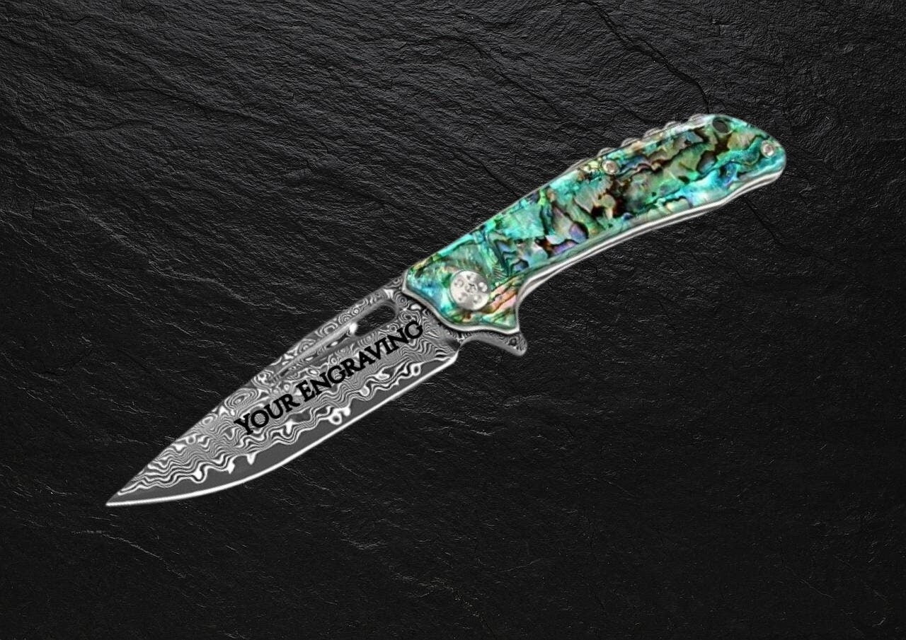 Abalone Damascus Pocket Knife, Personalized Engraved Blade, Engraving Sea Shell Folding Knife, Wedding Anniversary Groomsmen Gift VP100