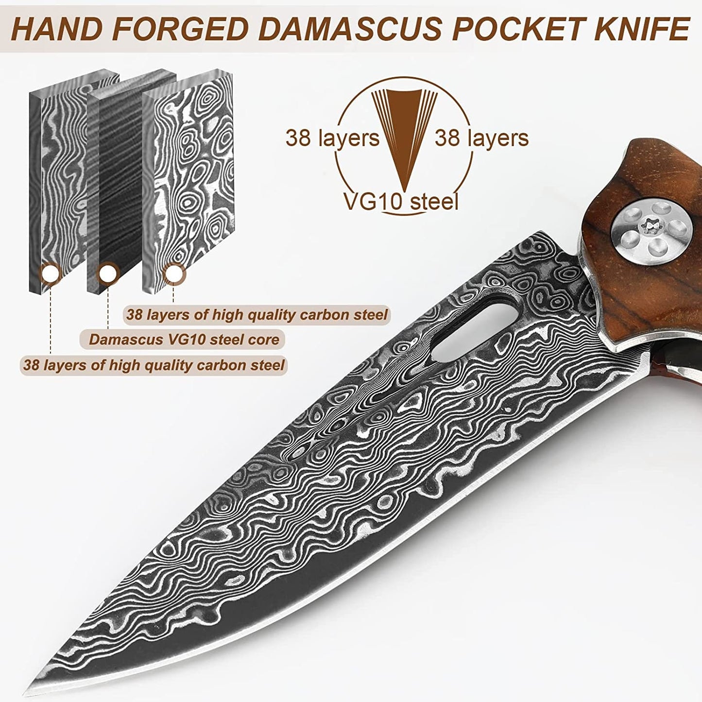 Rosewood Handle Damascus 7.08" Pocket Knife