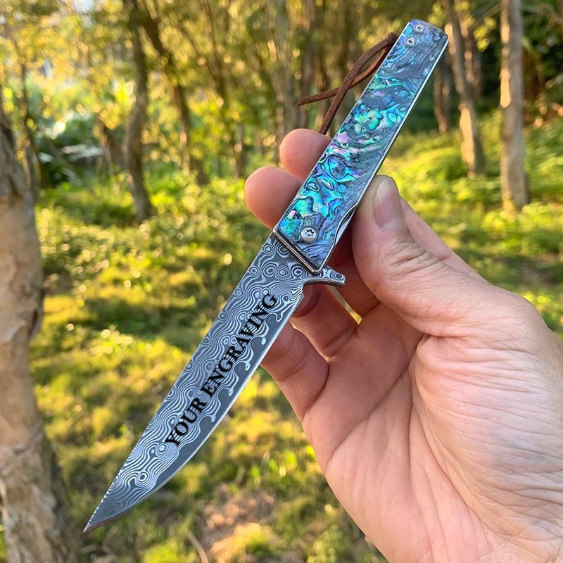 Abalone Damascus Pocket Knife, Personalized Engraving VG10 Blade, Engraved Folding Knife, Wedding Anniversary Groomsmen Gift | VP29