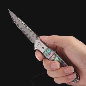 Abalone Damascus Pocket Knife, Personalized Engraving VG10 Blade, Engraved Folding Knife, Wedding Anniversary Groomsmen Gift | VP117