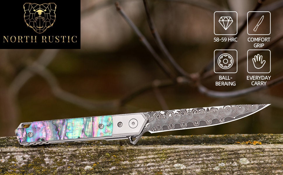 Abalone Damascus Pocket Knife, Personalized Engraving VG10 Blade, Engraved Folding Knife, Wedding Anniversary Groomsmen Gift | VP117