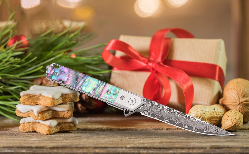 Abalone Damascus Pocket Knife, Personalized Engraving VG10 Blade, Engraved Folding Knife, Wedding Anniversary Groomsmen Gift | VP117