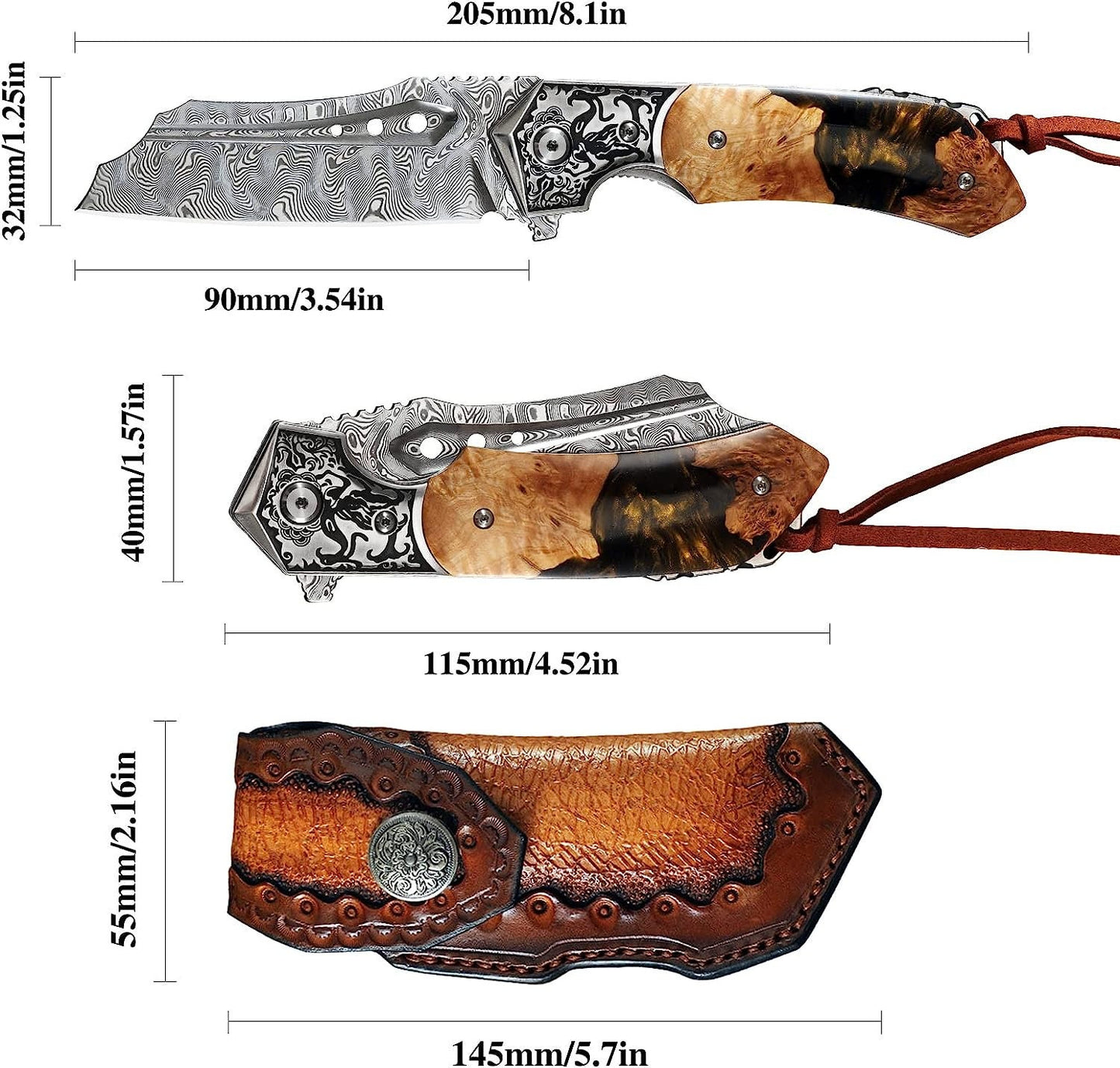 Engraved VG10 Damascus Pocket Knife, Resin & Walnut Wood Handle Folding Knife, Gifts For Him Wedding Anniversary Husband Gift For Dad, NR03