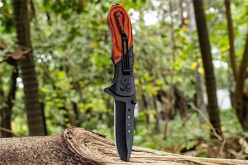 Walnut Wood Handle Pocket Knife Black Stainless Steel