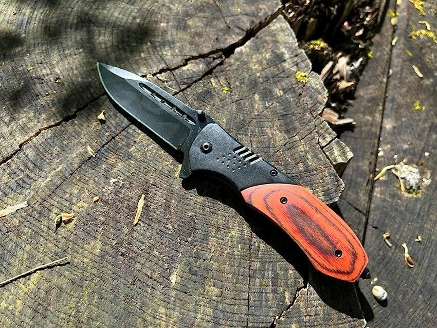 Walnut Wood Handle Pocket Knife Black Stainless Steel