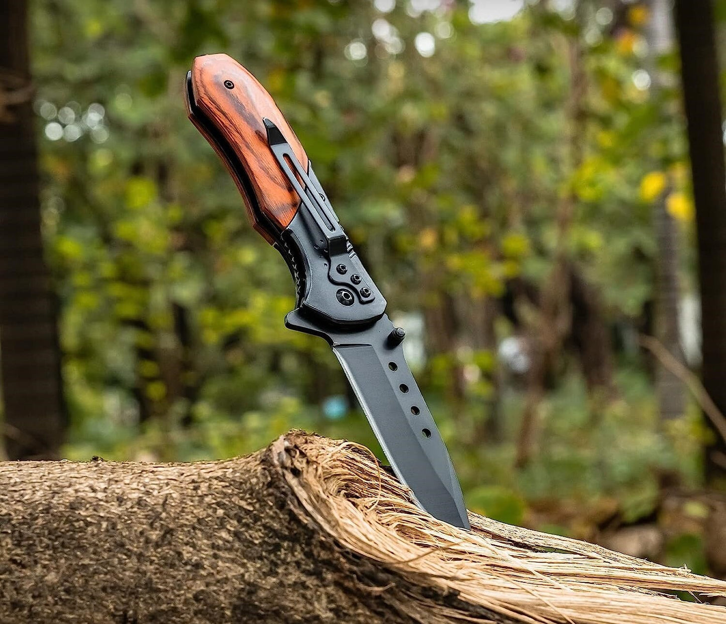 Walnut Wood Handle Pocket Knife Black Stainless Steel