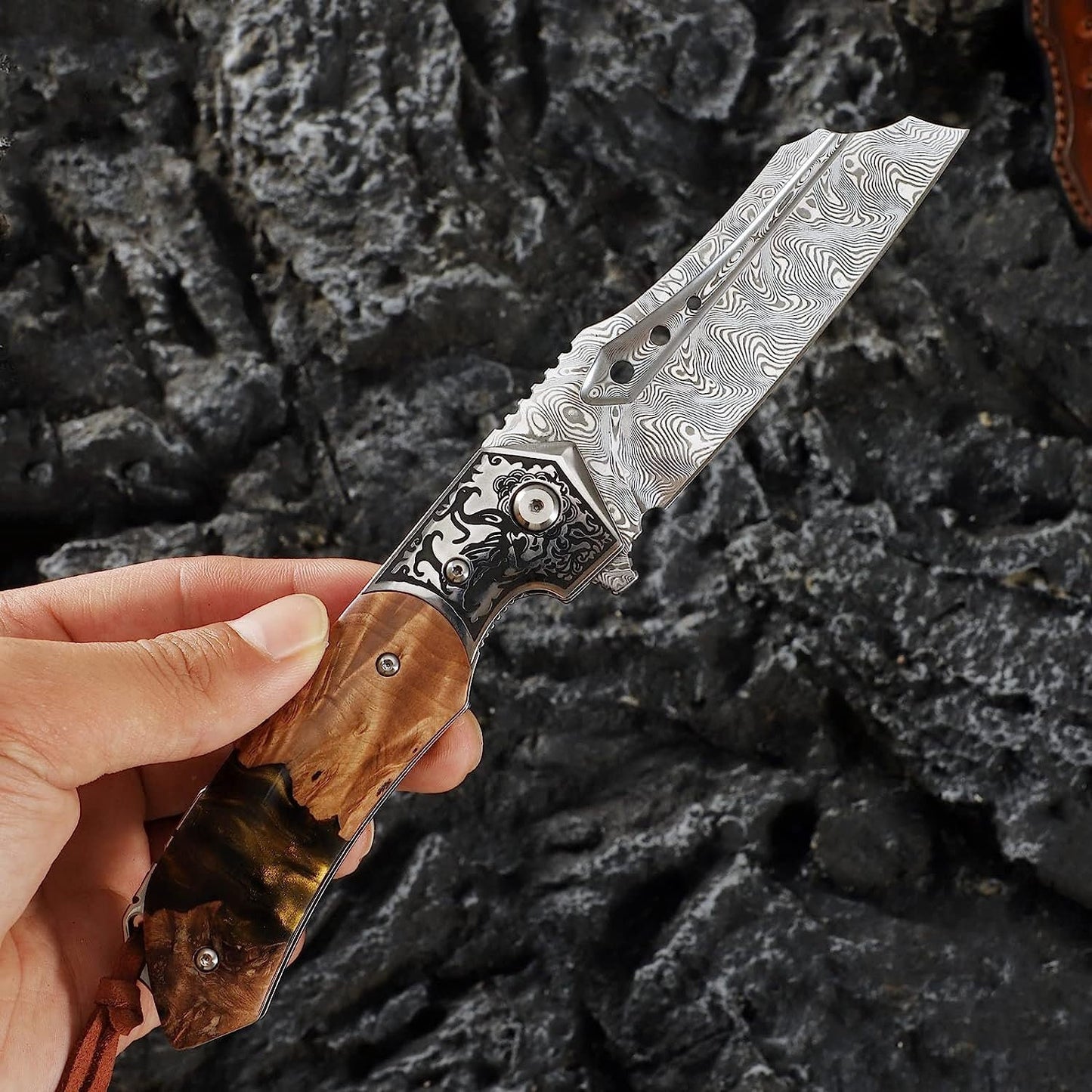 Engraved VG10 Damascus Pocket Knife, Resin & Walnut Wood Handle Folding Knife, Gifts For Him Wedding Anniversary Husband Gift For Dad, NR03