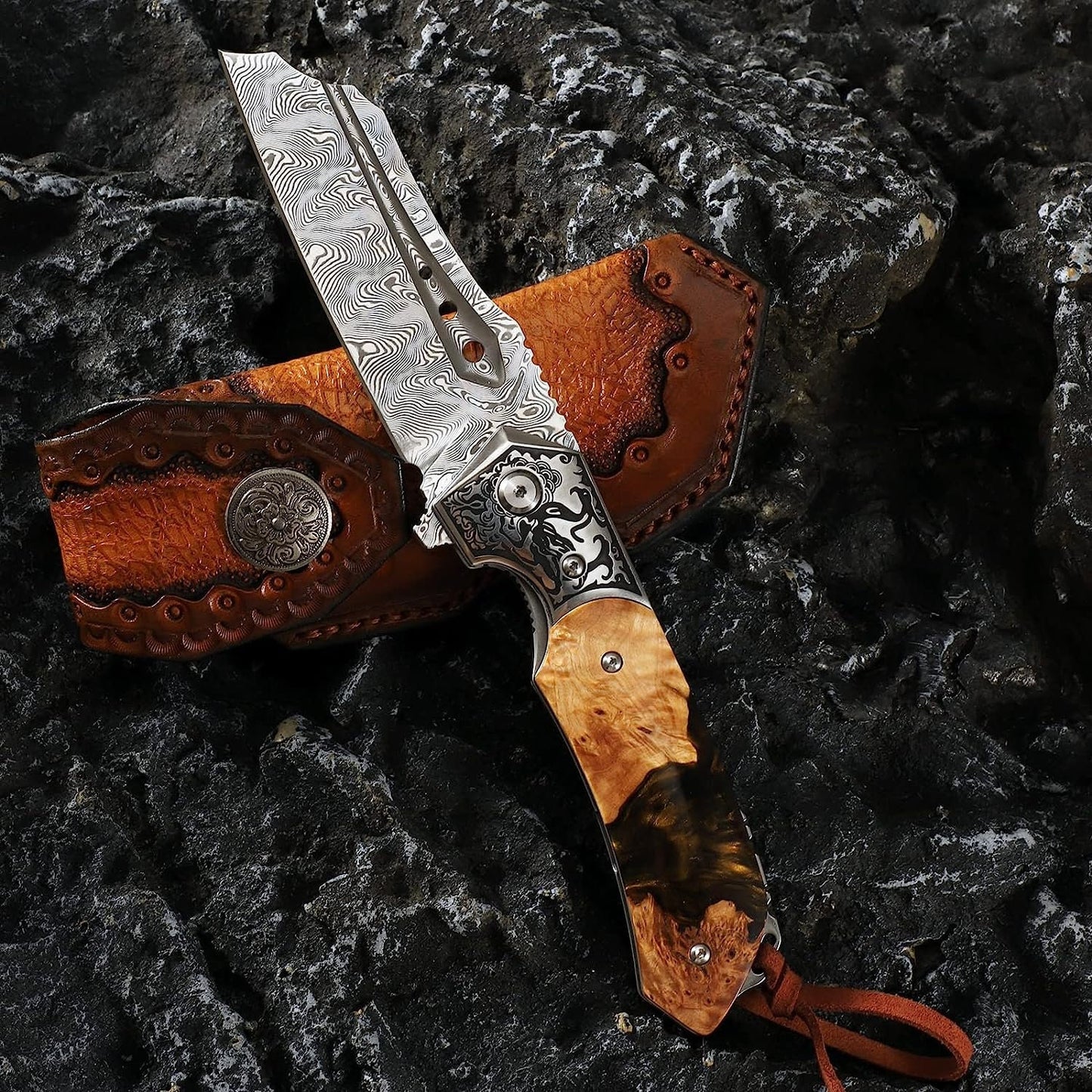 Engraved VG10 Damascus Pocket Knife, Resin & Walnut Wood Handle Folding Knife, Gifts For Him Wedding Anniversary Husband Gift For Dad, NR03