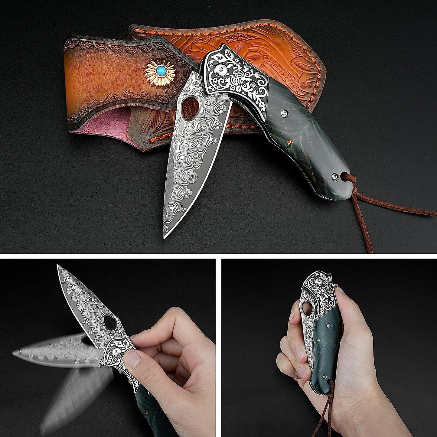 Engraved VG10 Damascus Pocket Knife, Gifts For Him, Sandal Wood Handle Folding Knife, Wedding Anniversary Husband Dad Gift | NR07