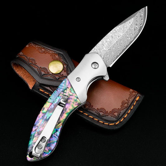 Damascus 7.87" Abalone Handle Pocket Knife