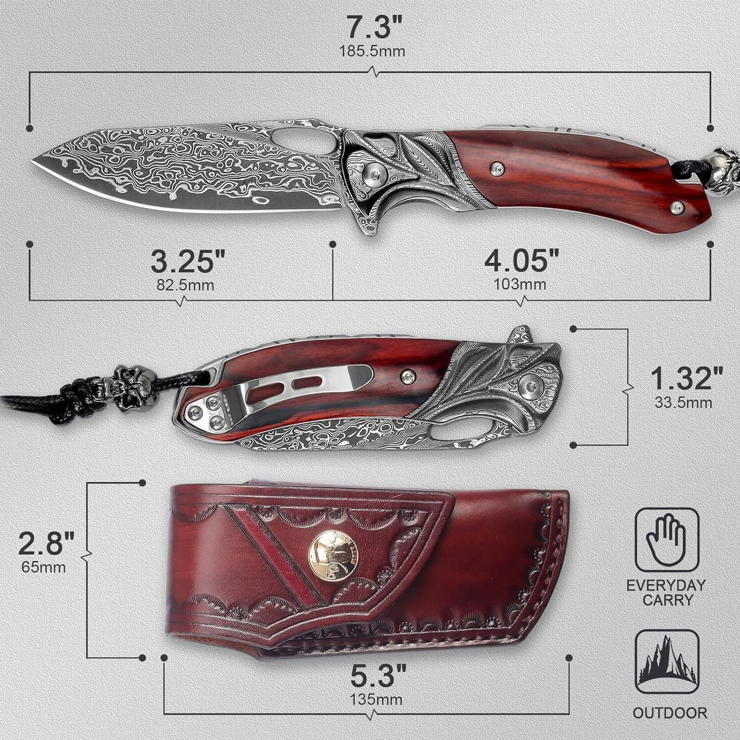 Damascus Folding Pocket Knife Rose Wood Handle