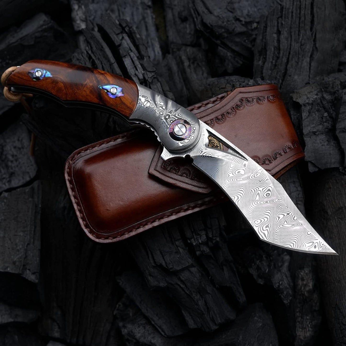 Engraved Damascus Pocket Knife | VG10 Personalized Folding Knife | Desert Ironwood Handle | Wedding Husband Anniversary Father Gift | NR39
