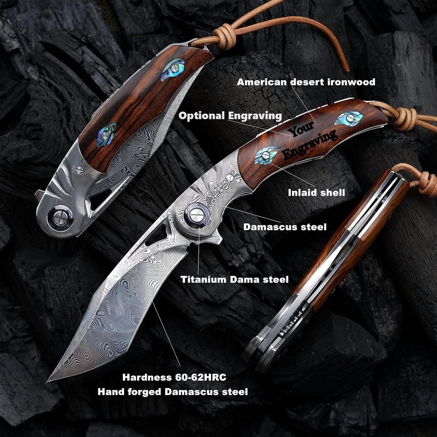 Engraved Damascus Pocket Knife | VG10 Personalized Folding Knife | Desert Ironwood Handle | Wedding Husband Anniversary Father Gift | NR39