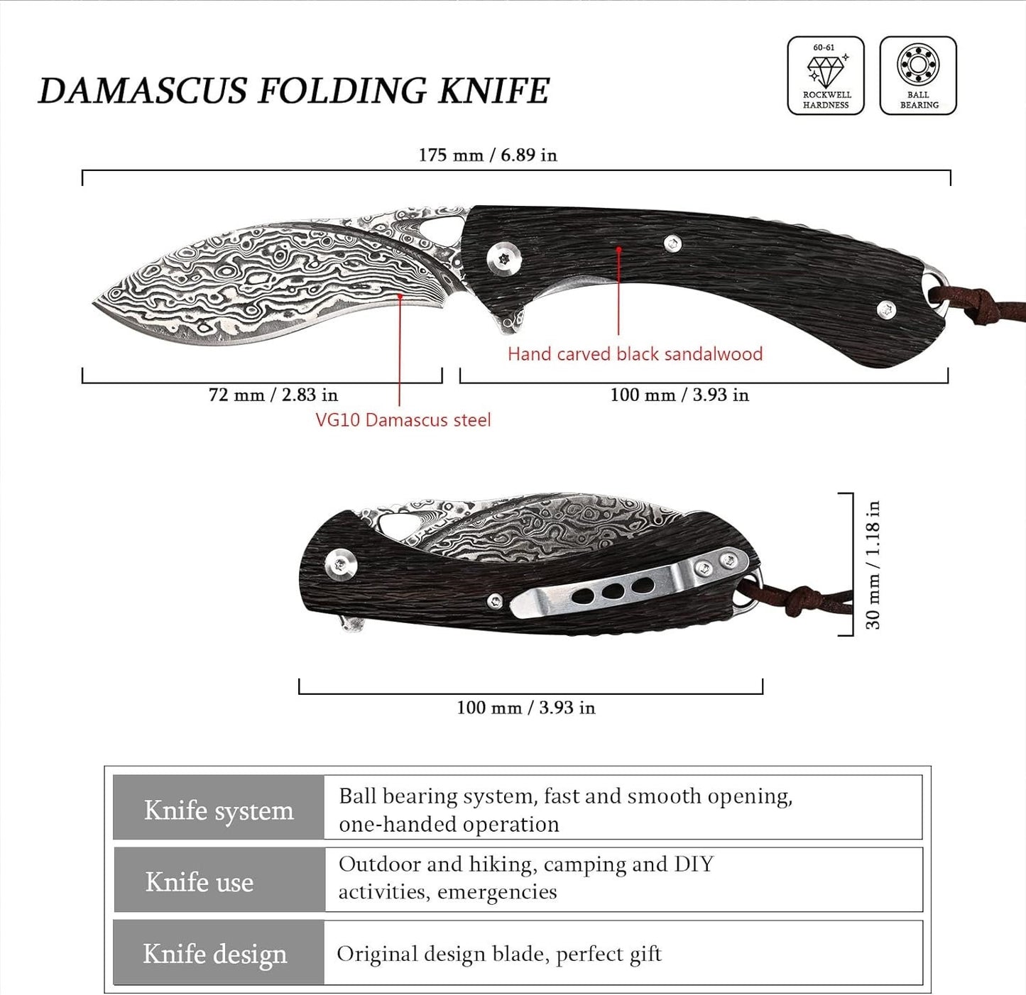 Damascus Pocket Knife Carved Sandalwood Handle