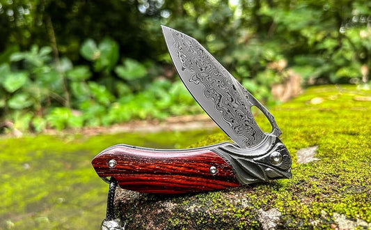 Damascus Folding Pocket Knife Rose Wood Handle