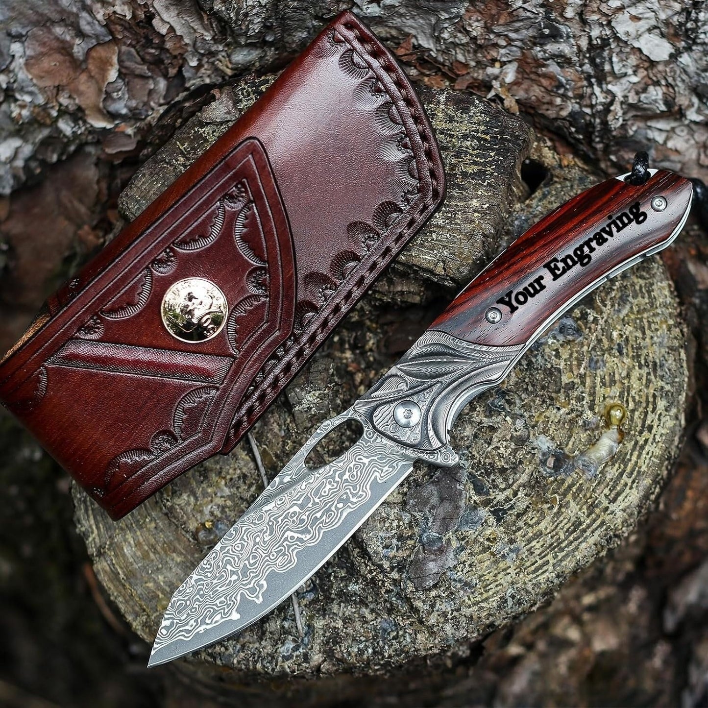 Damascus Folding Pocket Knife Rose Wood Handle