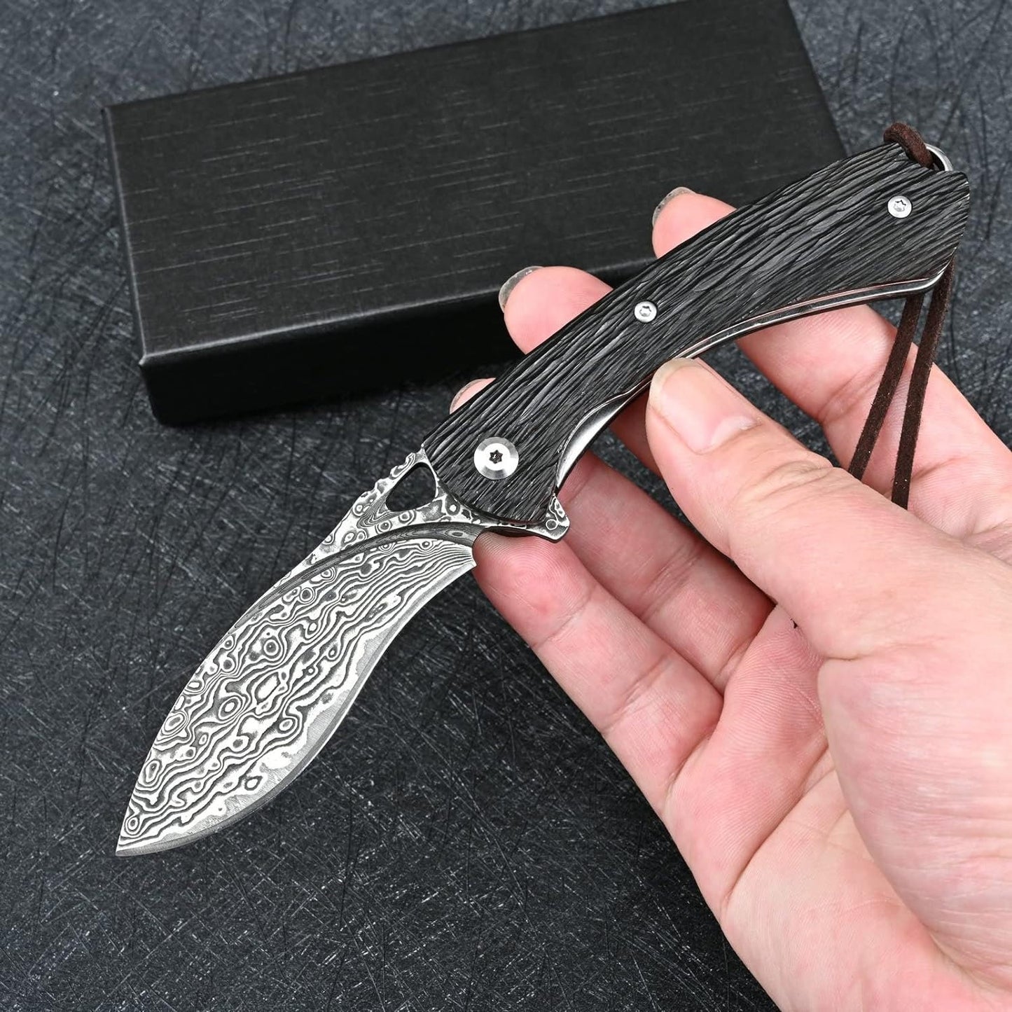 Damascus Pocket Knife Carved Sandalwood Handle