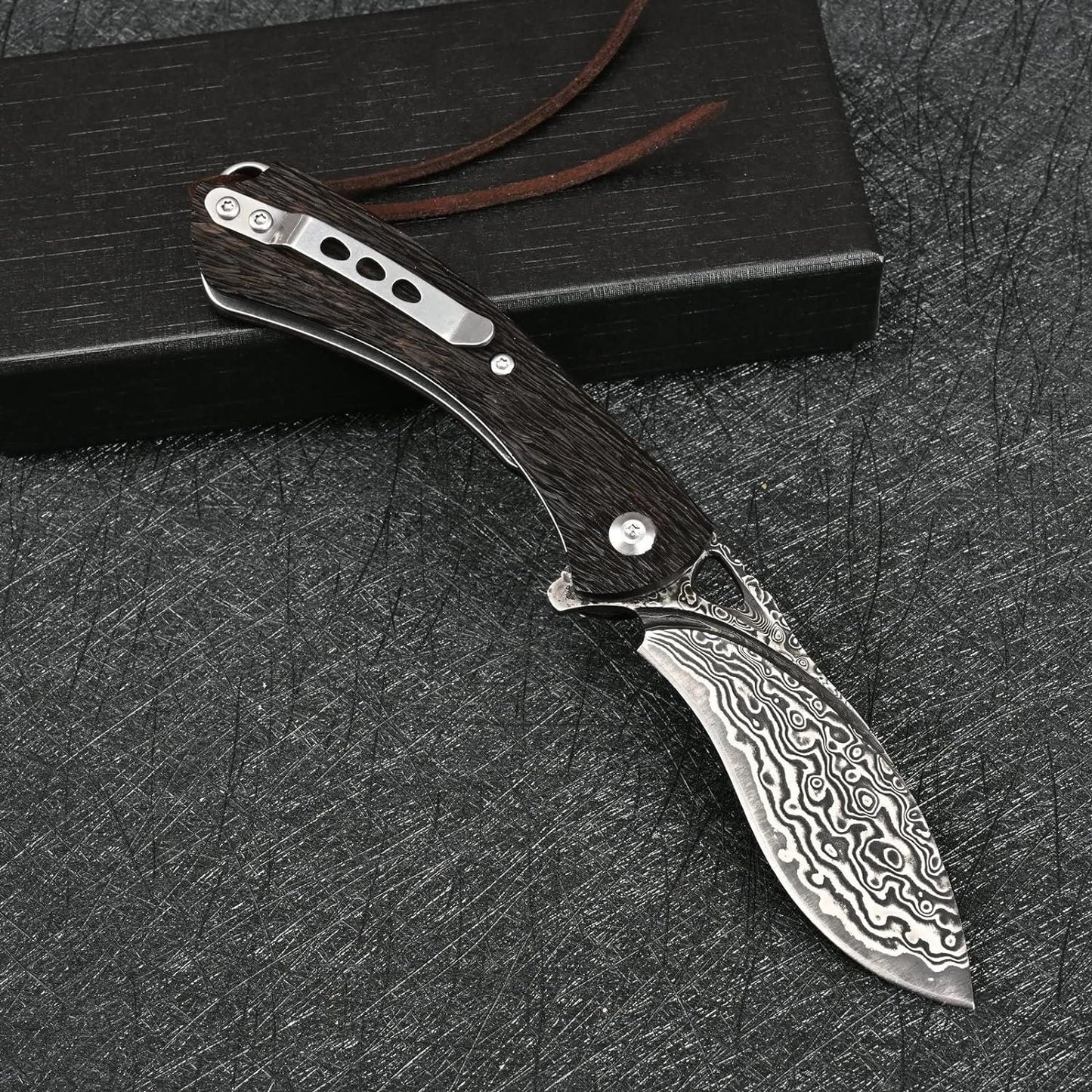 Damascus Pocket Knife Carved Sandalwood Handle