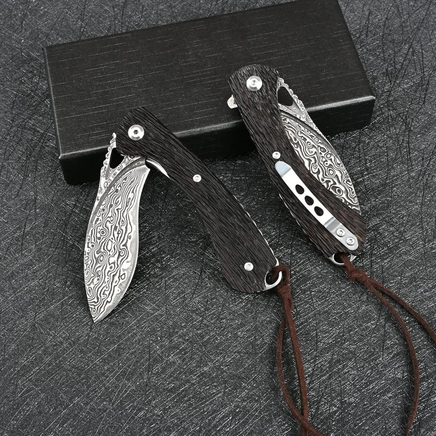 Damascus Pocket Knife Carved Sandalwood Handle