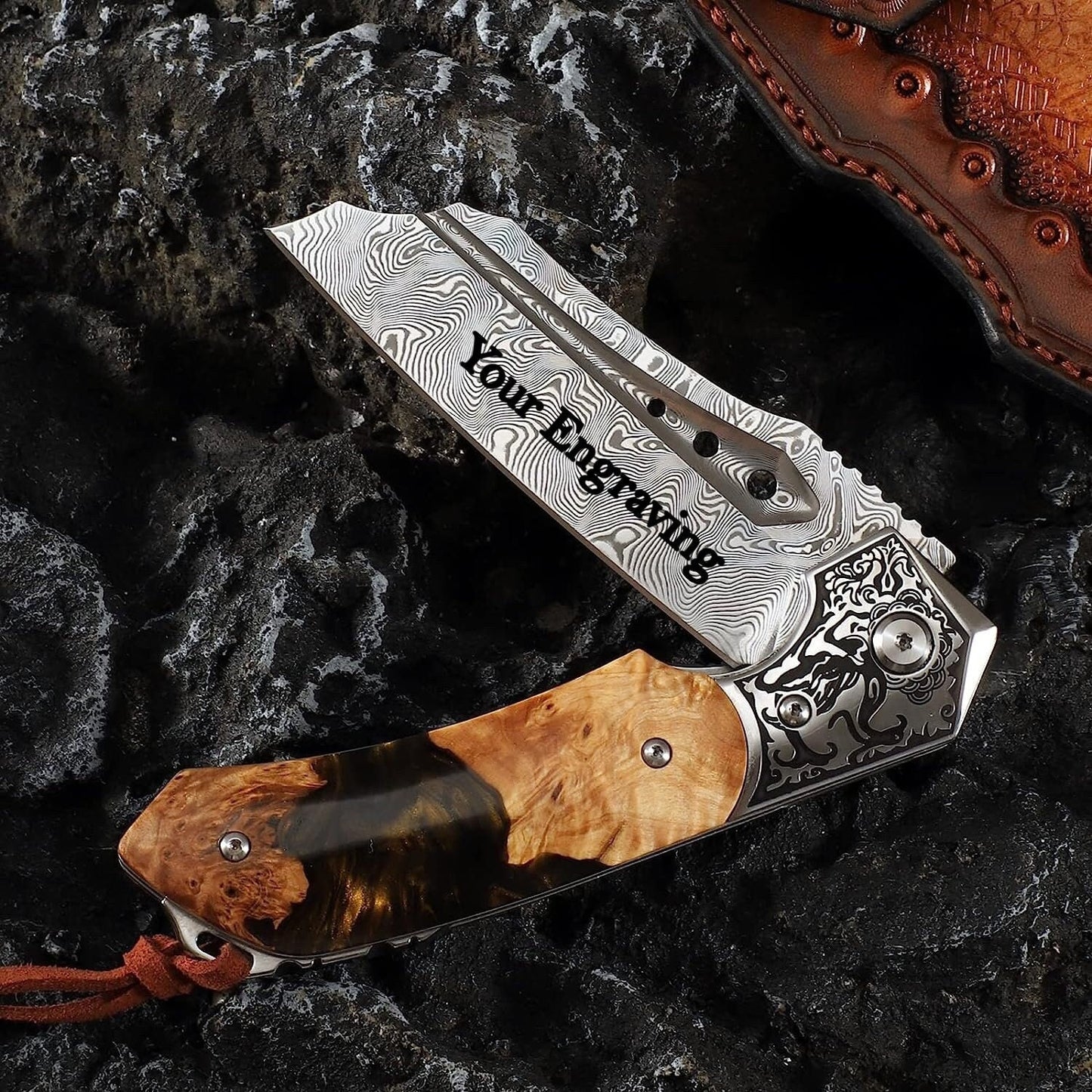 Engraved VG10 Damascus Pocket Knife, Resin & Walnut Wood Handle Folding Knife, Gifts For Him Wedding Anniversary Husband Gift For Dad, NR03