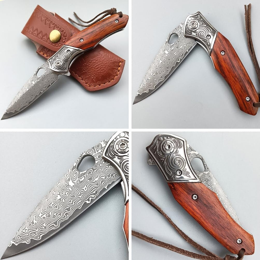 Engraved VG10 Damascus Folding Knife | Personalized Pocket Knife | Rose Wood Handle Knife | Wedding Husband Anniversary Father Gift | NR48