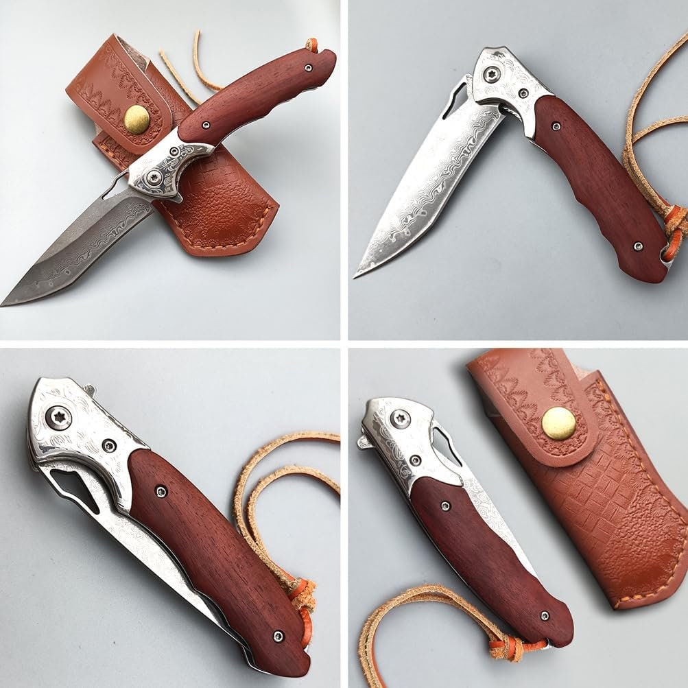Engraved Damascus Pocket Knife Walnut Wood 3.54" Blade