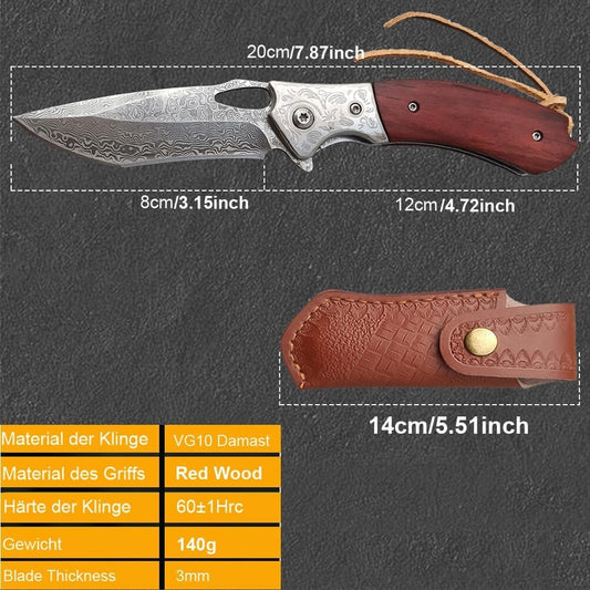 Damascus Folding Knife Rose Wood Handle Knife