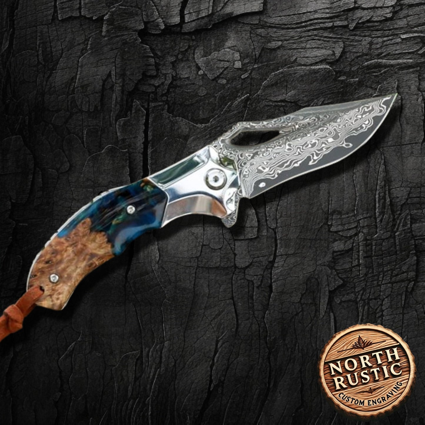 Damascus 6.49" Folding Knife Resin & Maple Wood Handle