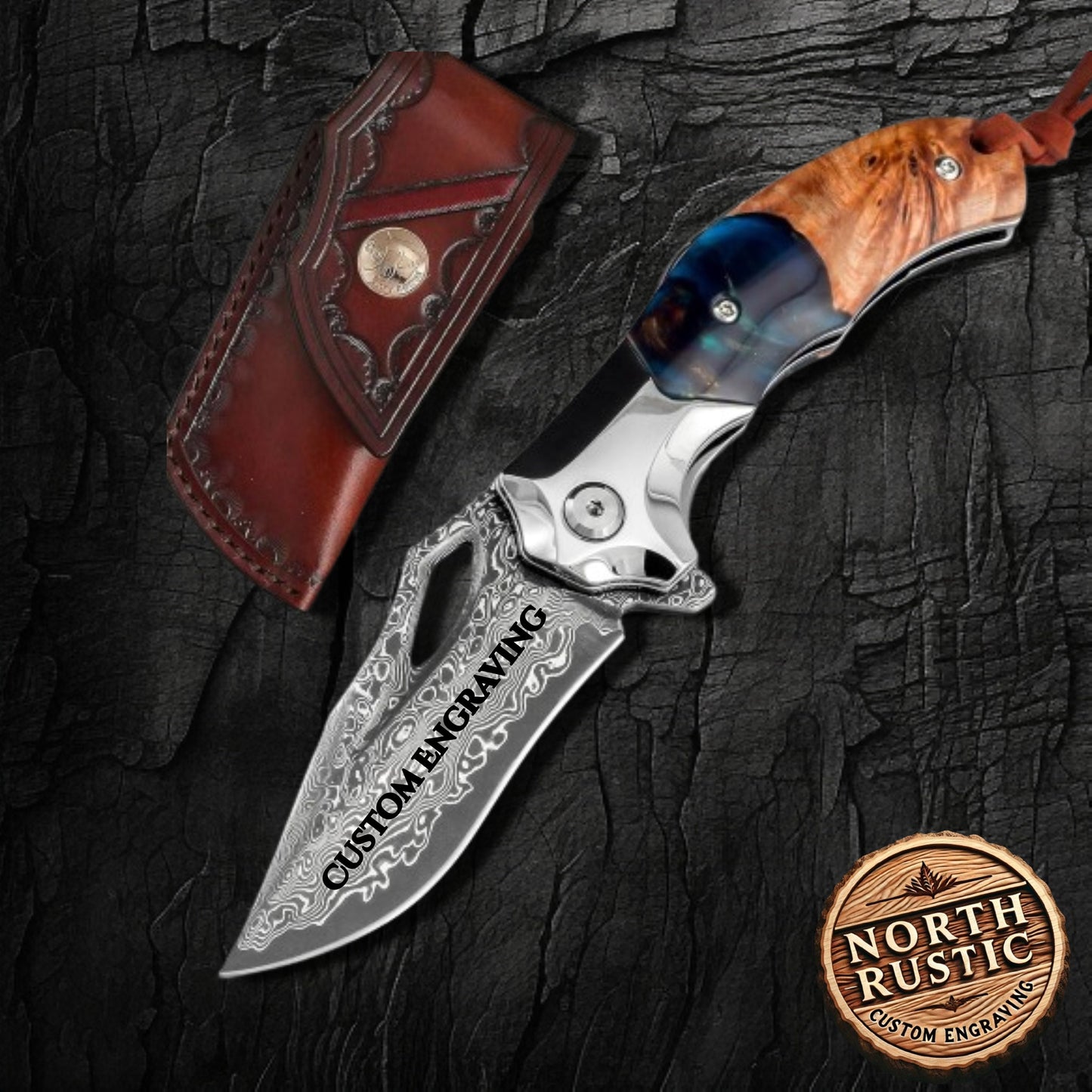 Damascus 6.49" Folding Knife Resin & Maple Wood Handle