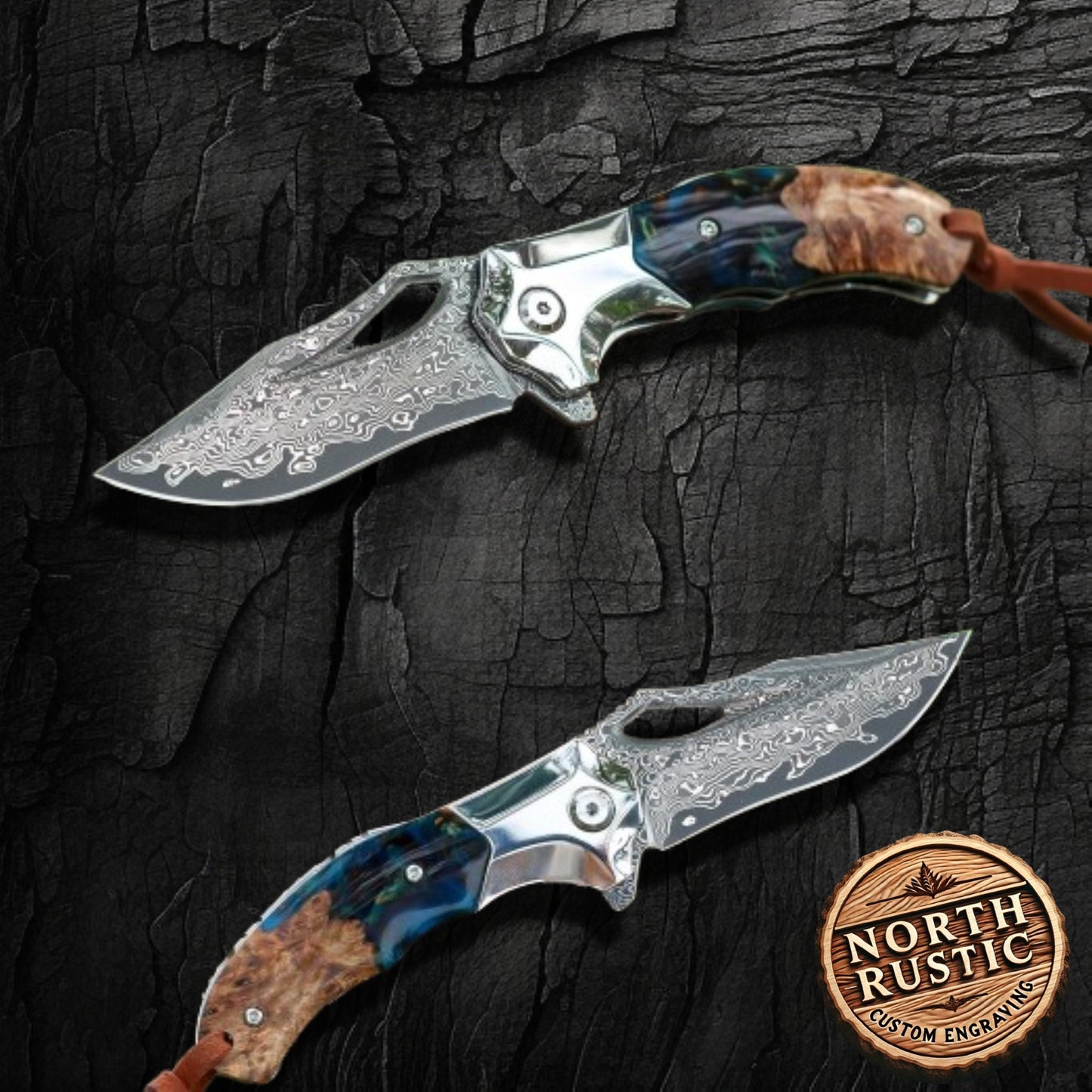 Damascus 6.49" Folding Knife Resin & Maple Wood Handle