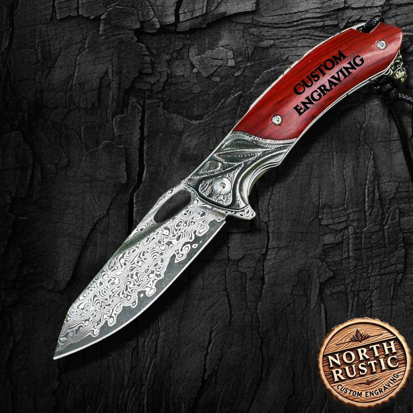 Damascus Folding Pocket Knife Rose Wood Handle