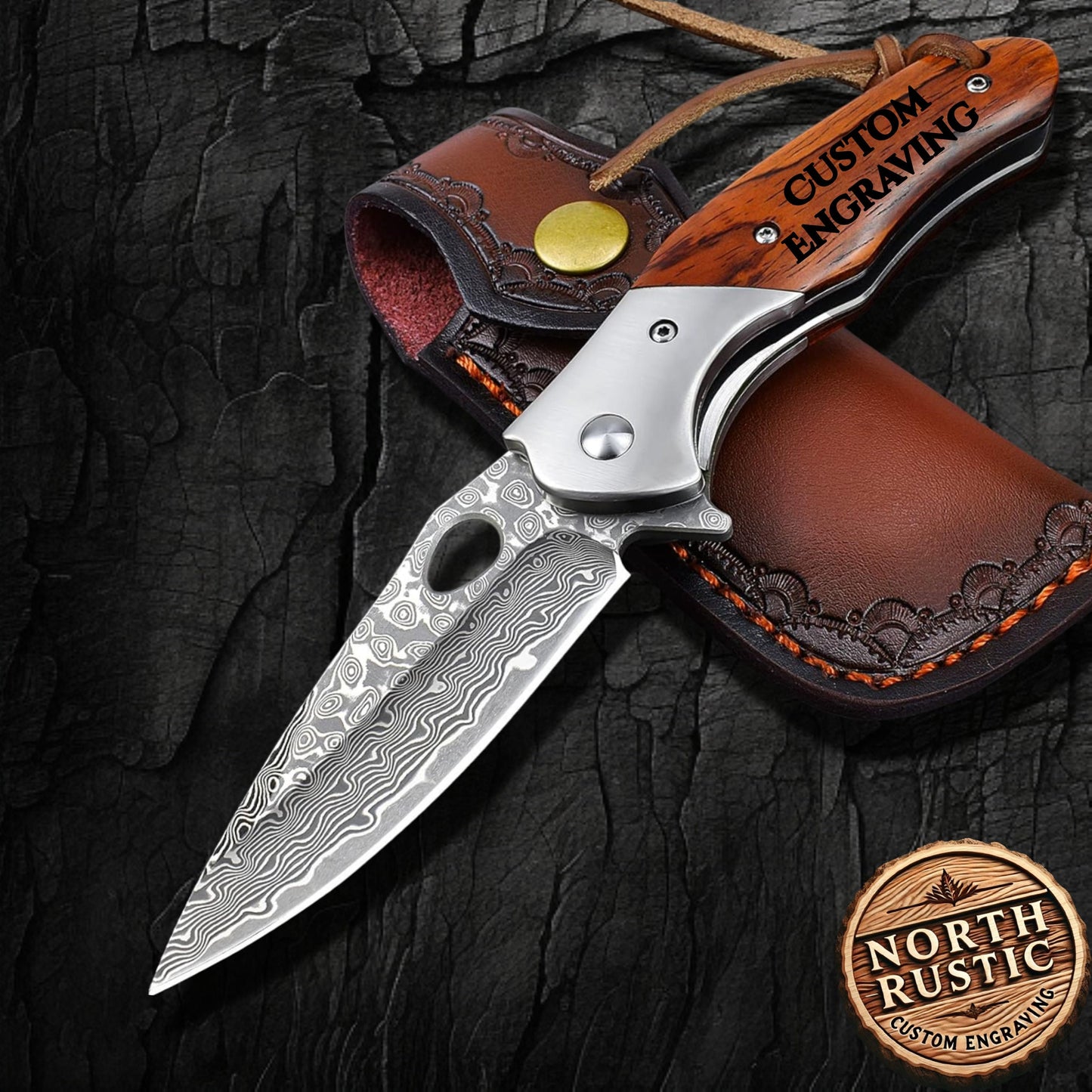 Rosewood Handle 7.28" Damascus Folding Knife