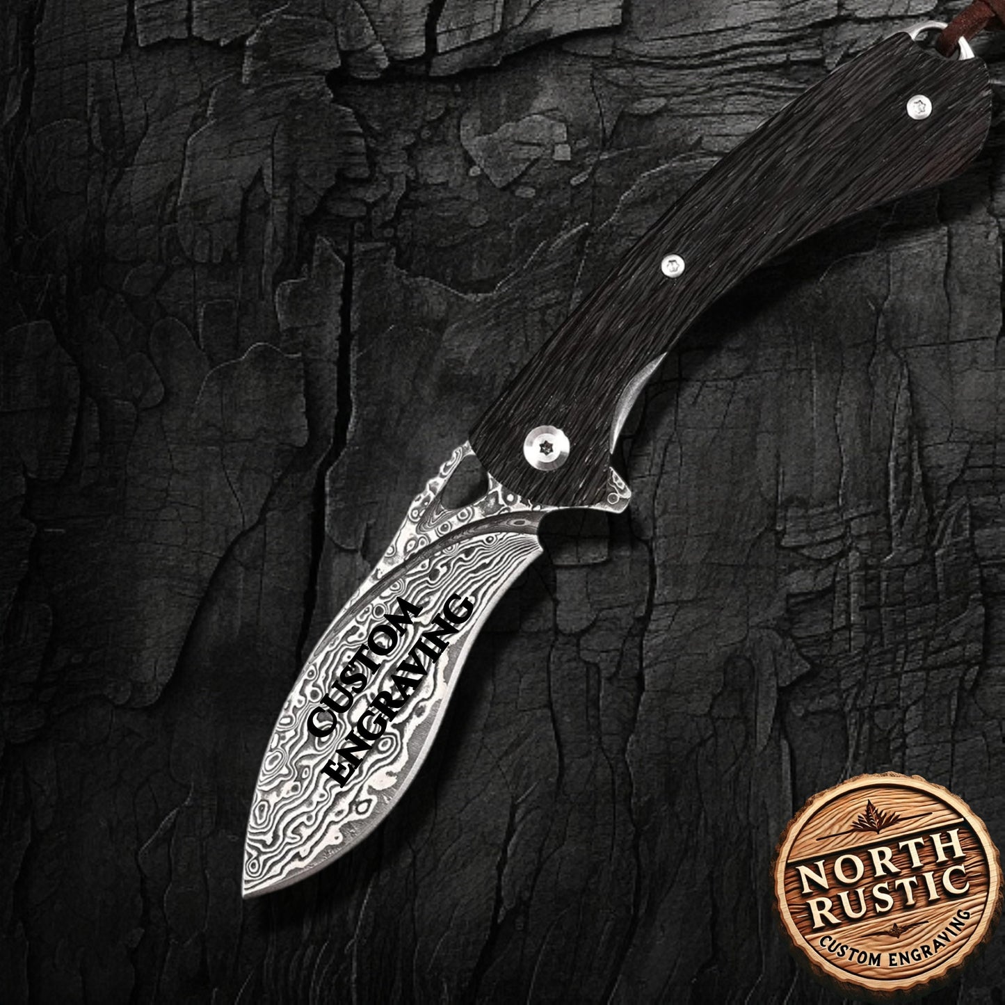 Damascus Pocket Knife Carved Sandalwood Handle