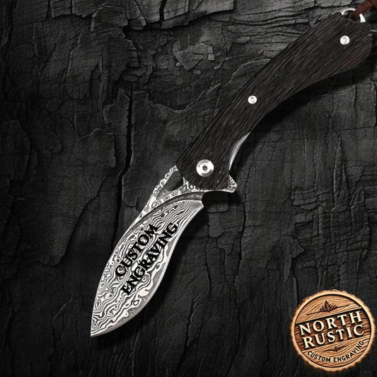 Damascus Pocket Knife Carved Sandalwood Handle